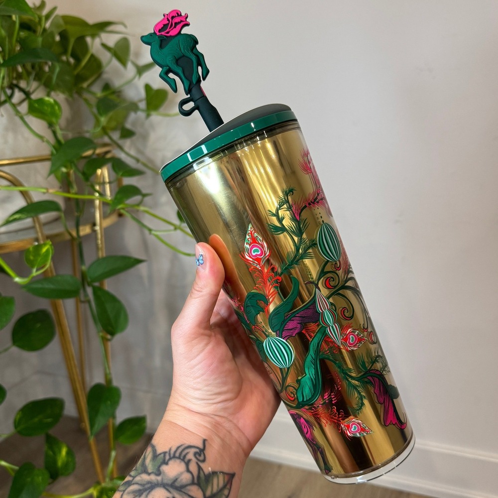 Starbucks 2024 Holiday Gold Peacock Reindeer Straw Topper Venti Tumbler 24oz NEW